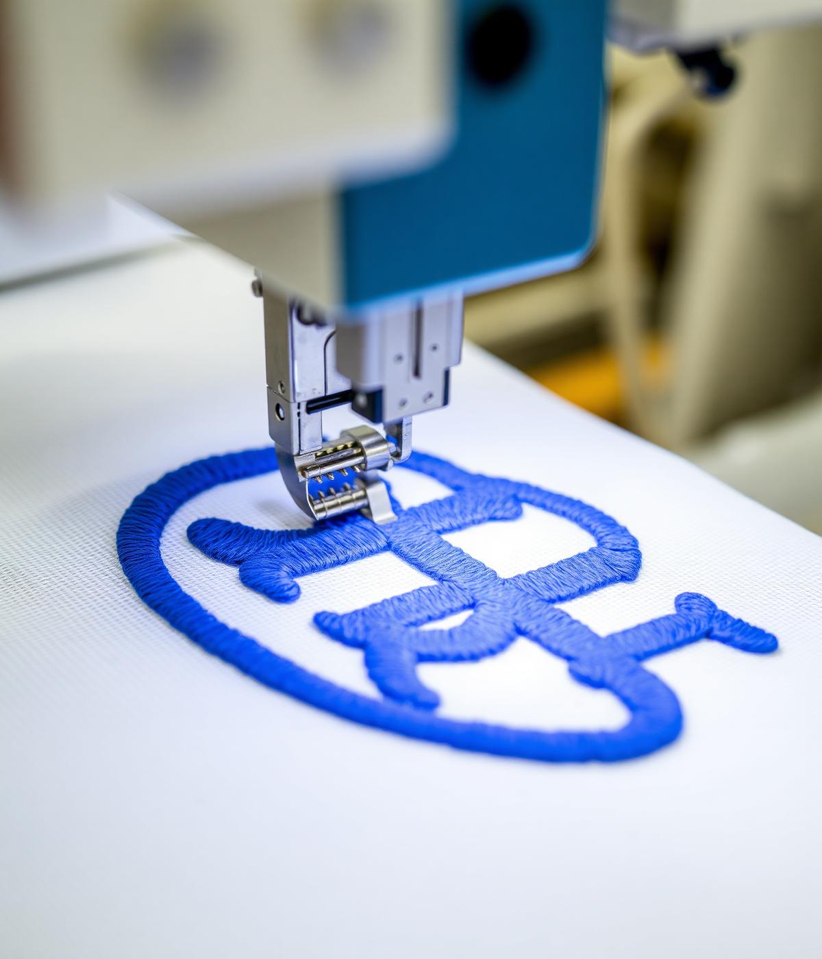 Máquina bordando un logotipo azul sobre tejido blanco