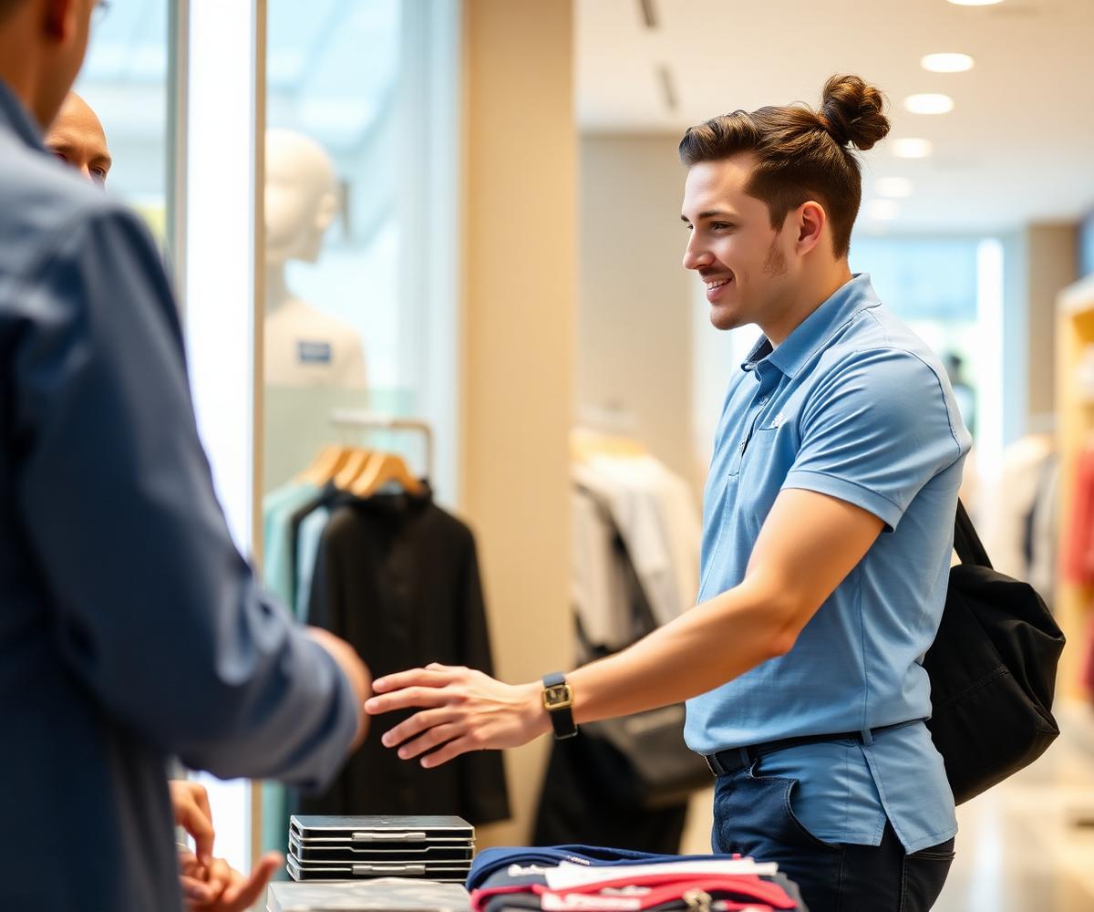 Dependiente con polo corporativo atendiendo a un cliente
