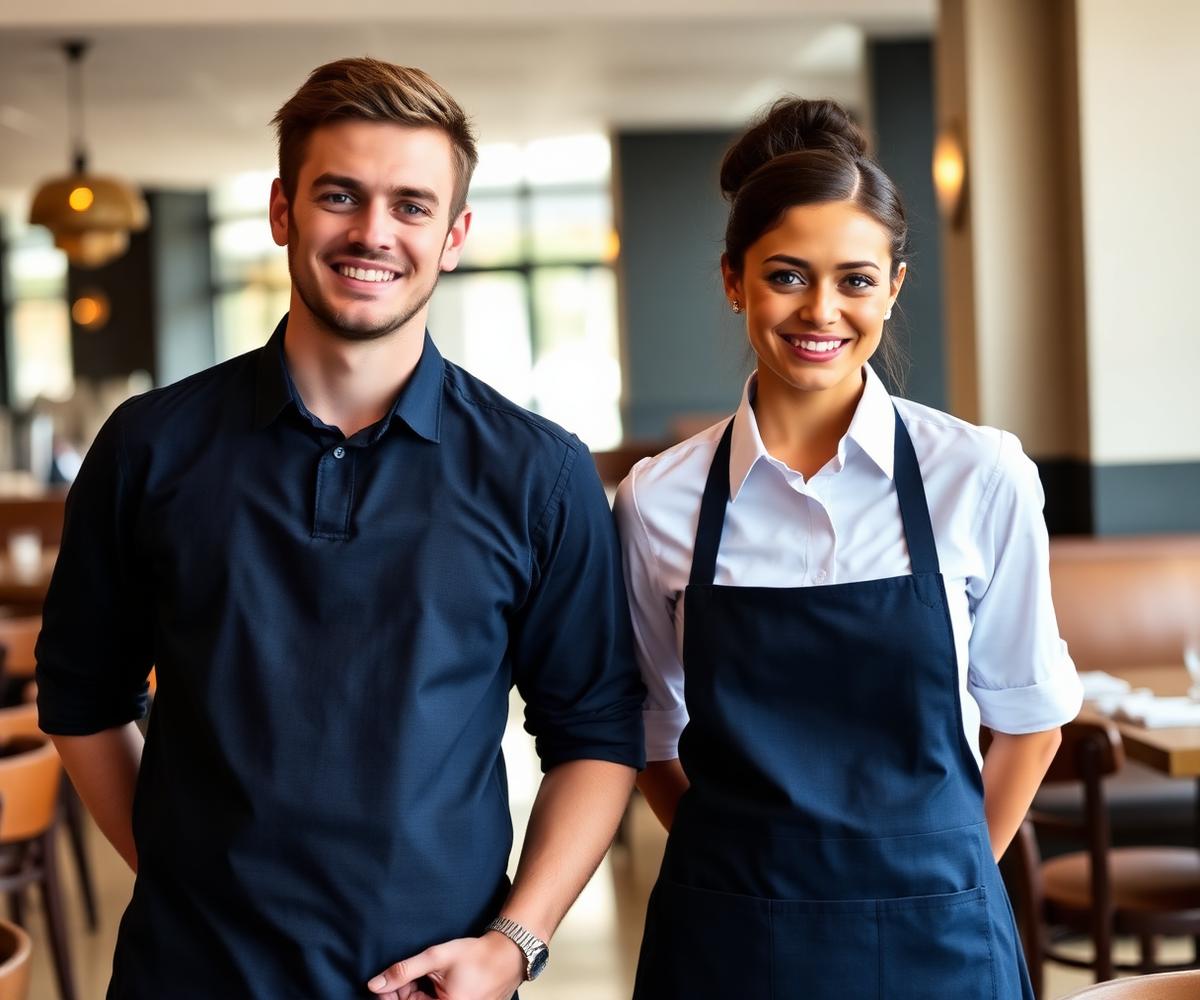 Personal de restaurante con delantales corporativos