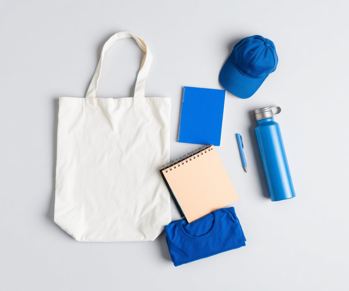 Artículos promocionales: bolsa, gorra, libreta y botella