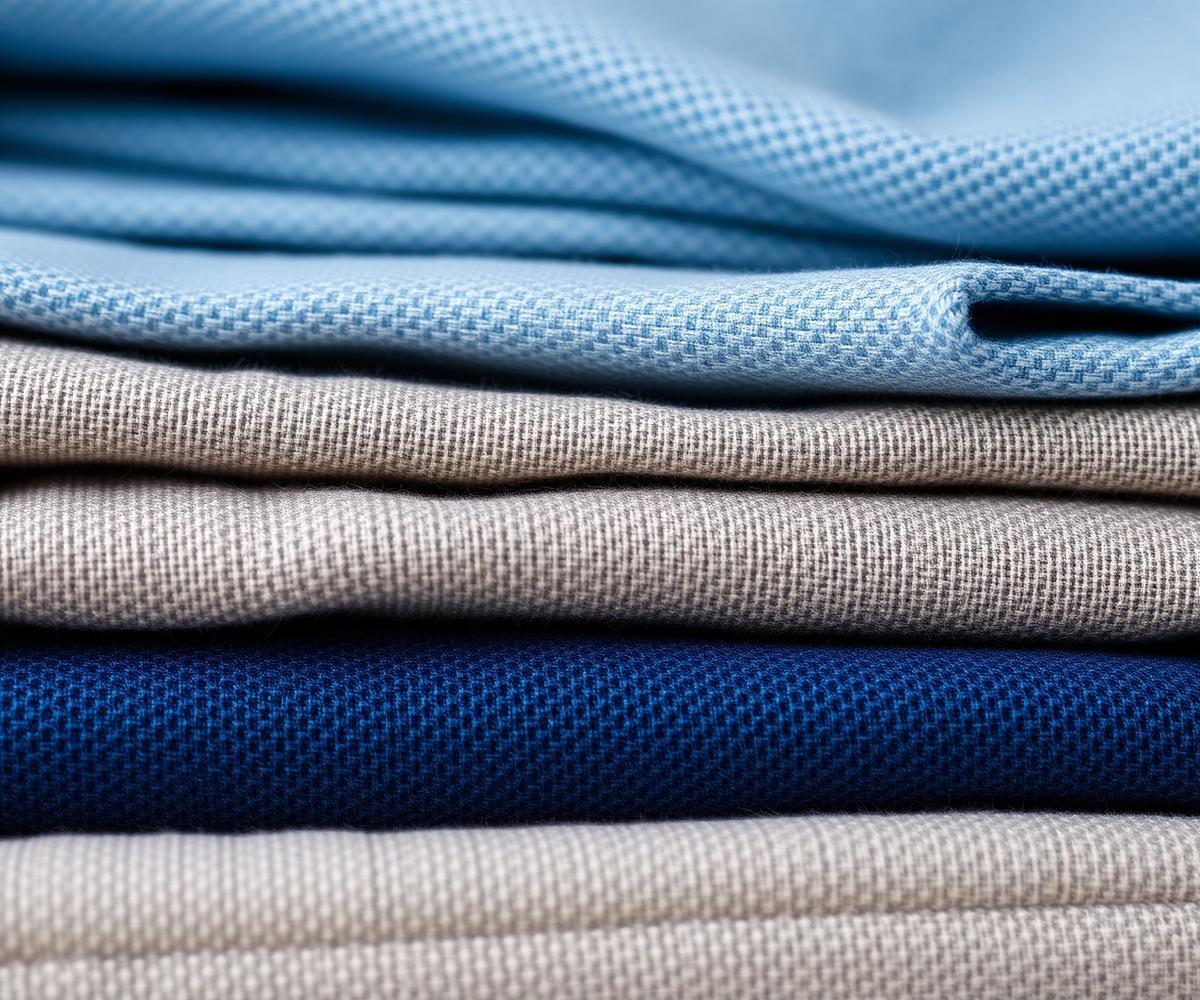 Tejidos textiles apilados en tonos azules y grises